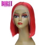 180% Density Red Lace Front Wig , Brazilian Human Hair Short Bob 10 A Grade