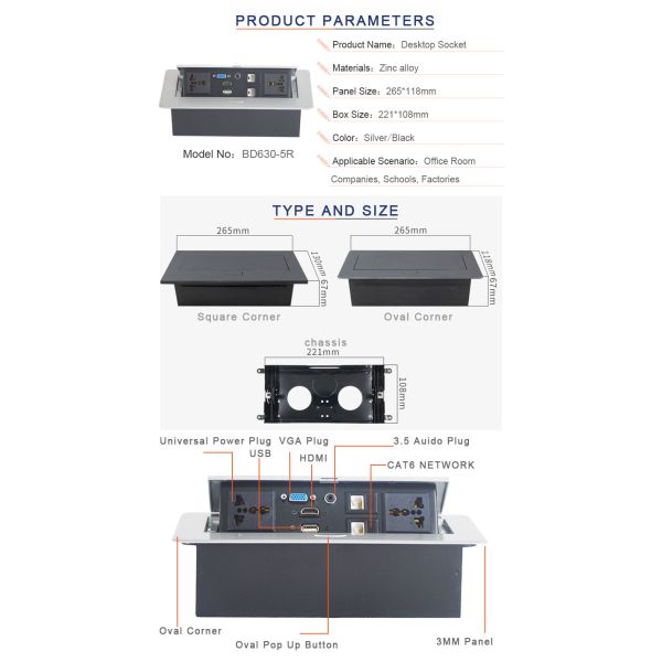 Desk Pop Up Socket Box CAT6 Jack With 30cm Power Cord