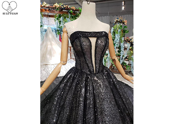 Black Custom Beautiful Sparkly Prom Dresses Strapless Bust Hollow Shining Beads