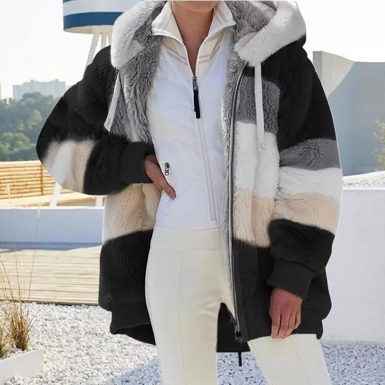 Winter Warm Women′s Jacket Plush Patchwork Zipper Women′s Coats Casual Hooded Loose Jacket for Women