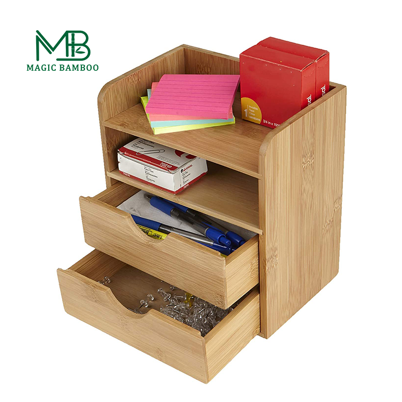 Customized Logo Acceptable 4-Tier Bamboo Box Desk Organizer with 2 Drawers