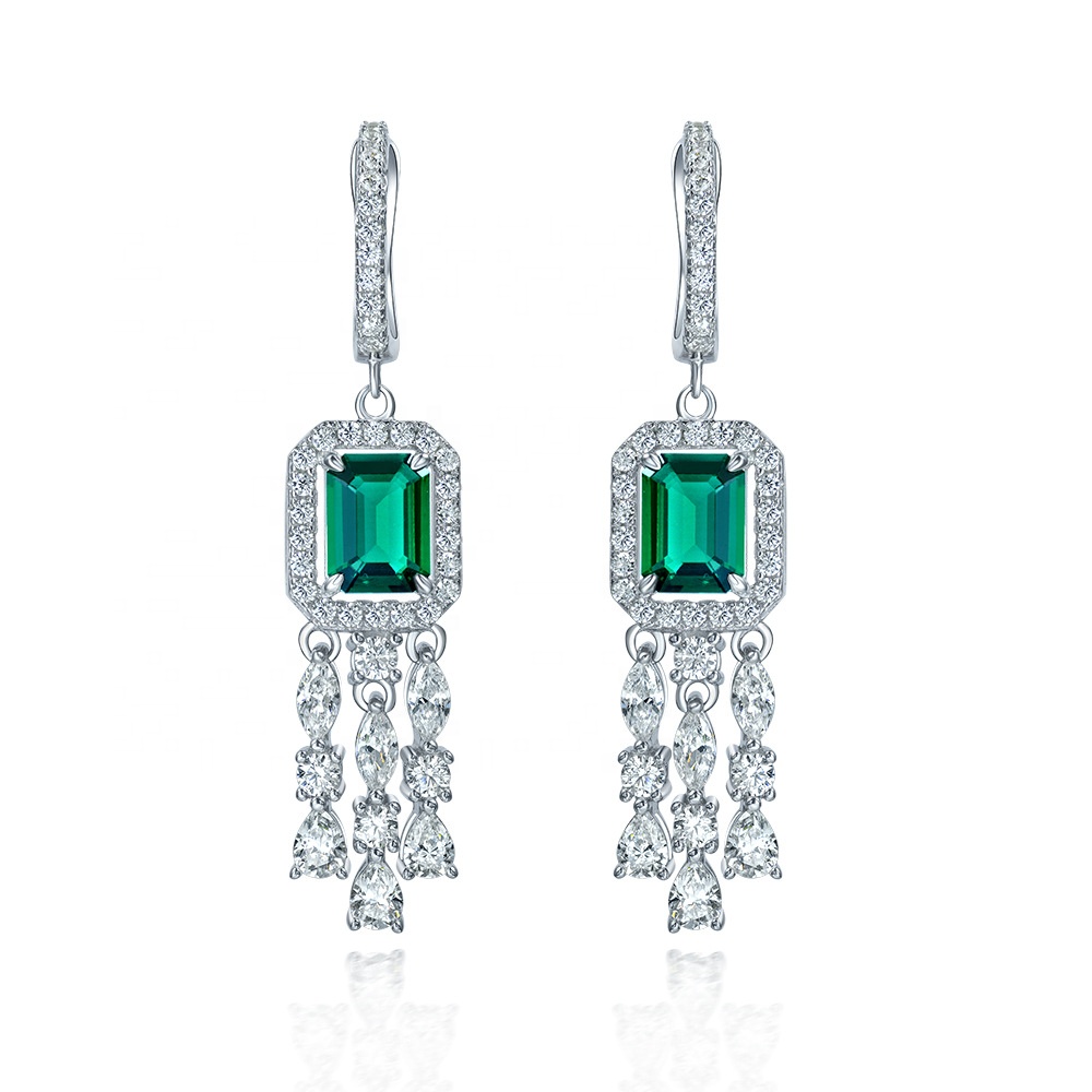 Real Sterling Silver 925 Green Baguette CZ Diamond Long Hoop Earrings for Unisex Wear