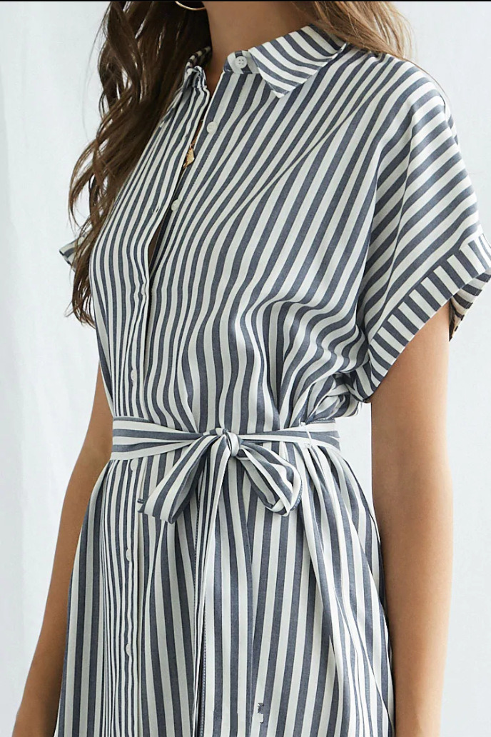 2023wish European and American Foreign Trade Cross-Border E-Commerce Hot Short Sleeve Shirt Collar Lace-up Striped Printed Dress