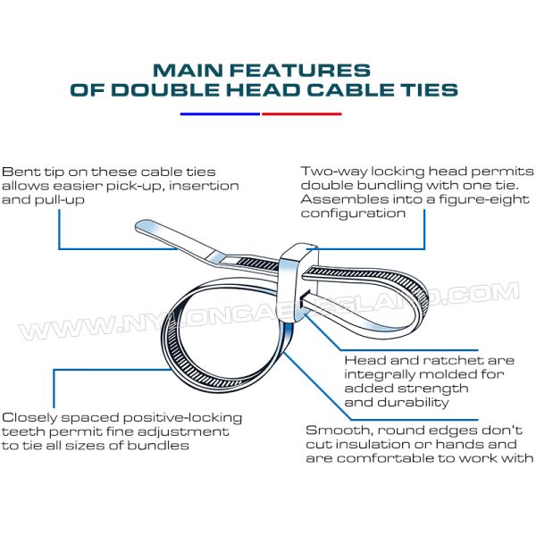 Double-Head Plastic (Nylon 6.6 / PA 6.6) Cable Tie 300x4.8mm, Double-Loop Type, 50 Lbs, UL94 V-2, Versatile Use