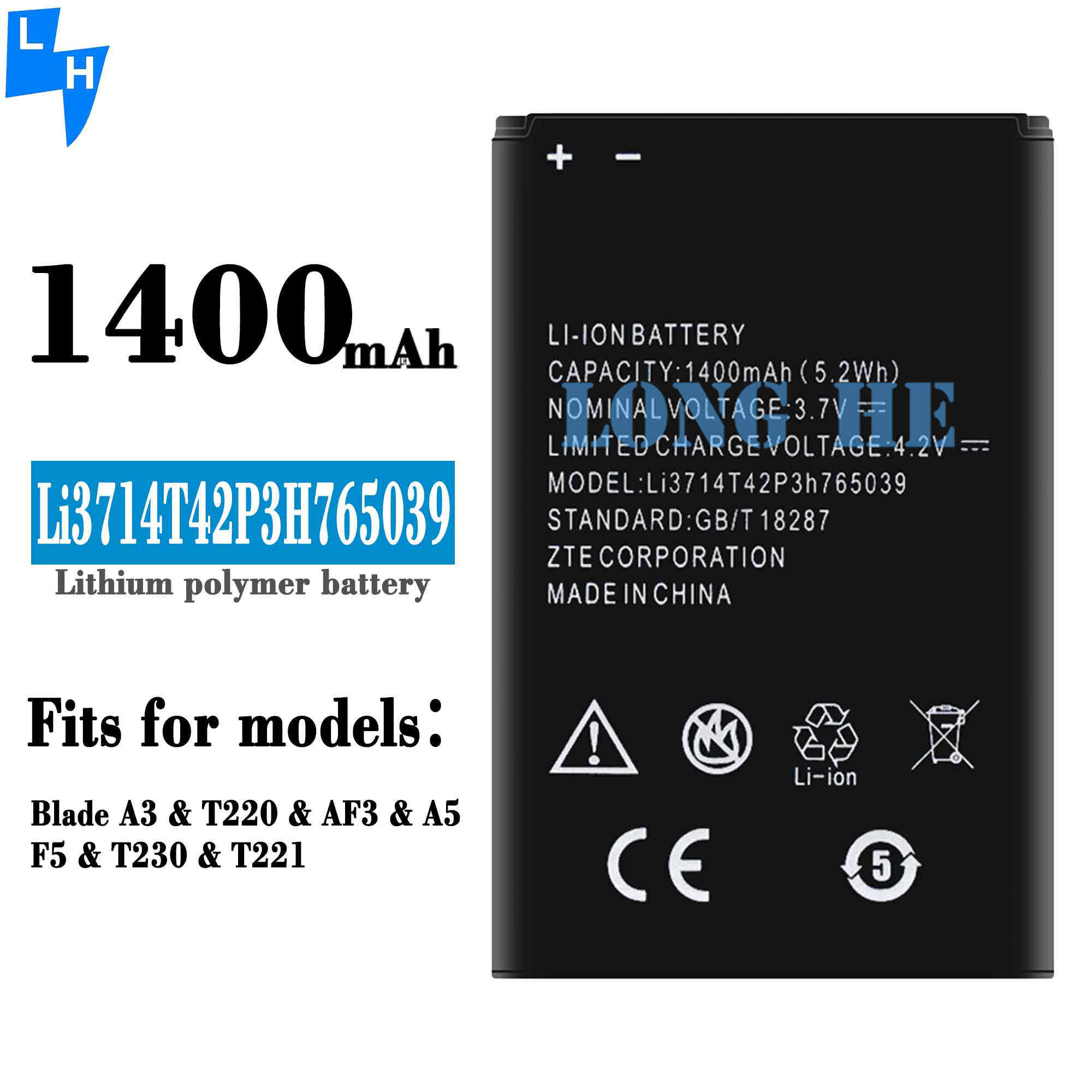 Li3714T42P3H765039 3.85V 3060mAh Mobile Phone Battery for ZTE Blade A3 T220 AF3 A5 AF5