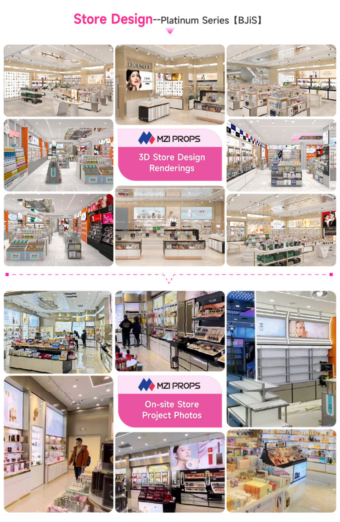 Makeup Display Stand Platinum Wood Promotion Cabinet for Cosmetic Retail Shop Furniture and Smart Skincare Store Display Table
