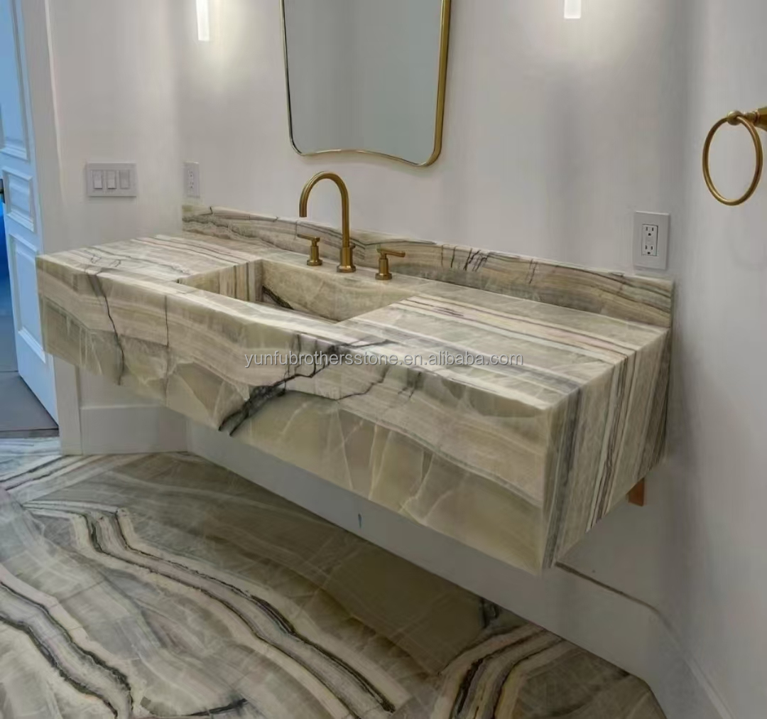 Hotel Bathroom Wall Panel and Vanity Basin with Sink Made of Natural Stone Onyx Marble