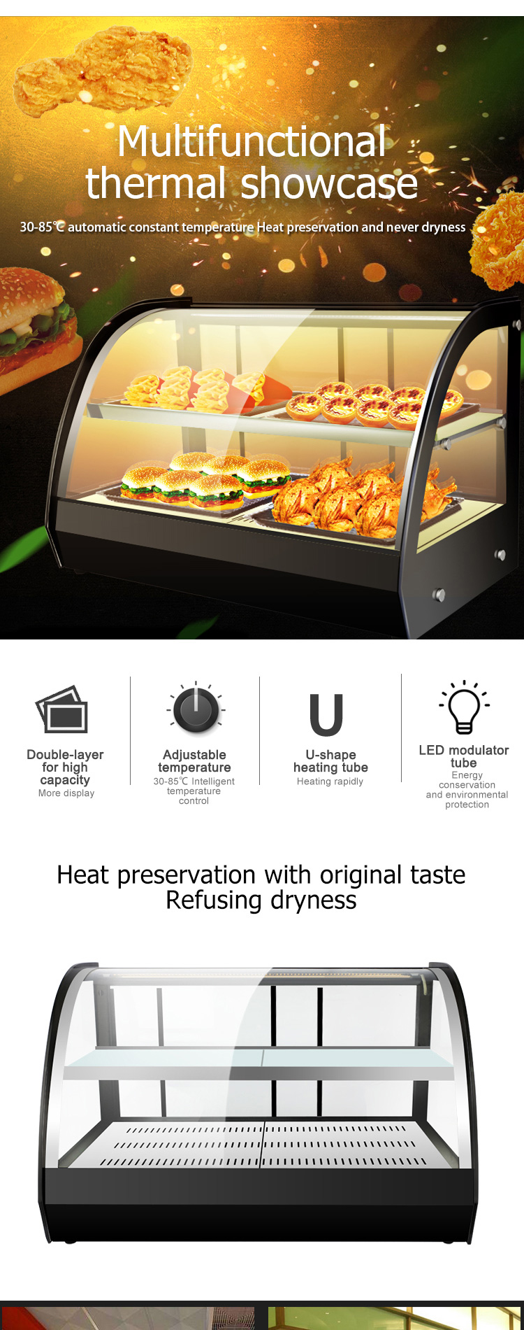 500W Commercial Kitchen Stainless Steel Food Warmer Display Cabinet and Hot Food Display