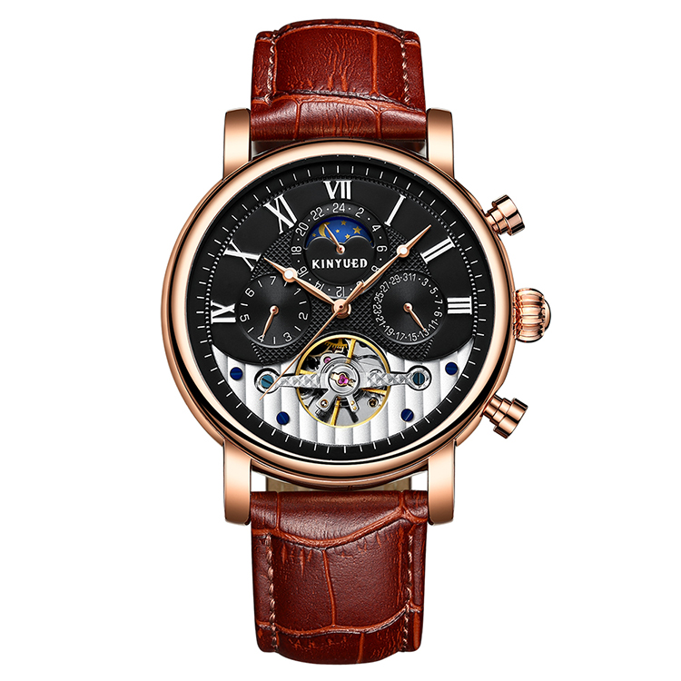KINYUED leather tourbillion watch mechanical mens moon phase automatic mechanical watch
