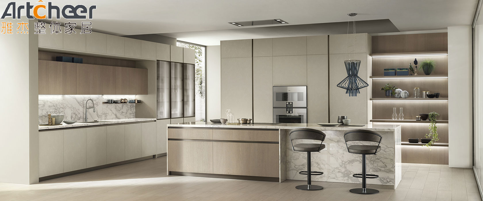 Handless Cabinet Kitchen Design With Island Dining Table And Faucet Accessories In Australia