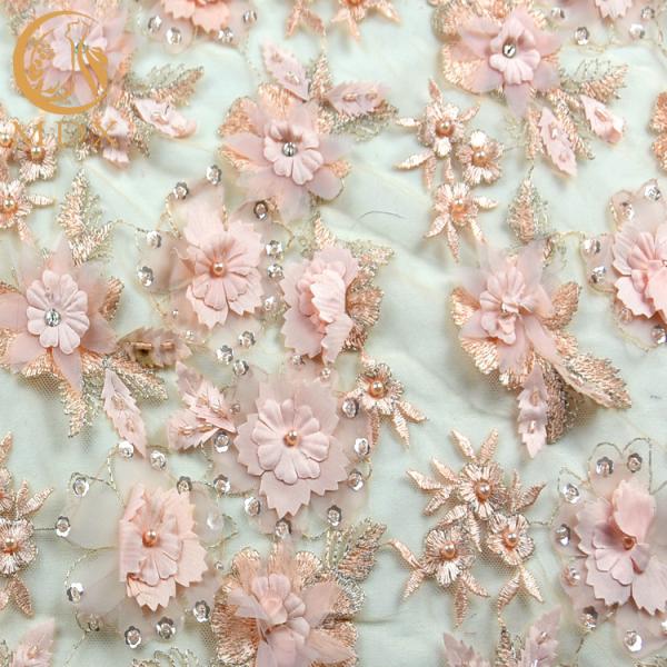 Buy cheap French 3D Flower Lace Fabric Beaded Handmade 1 Yard Pink Lace Cloth from wholesalers