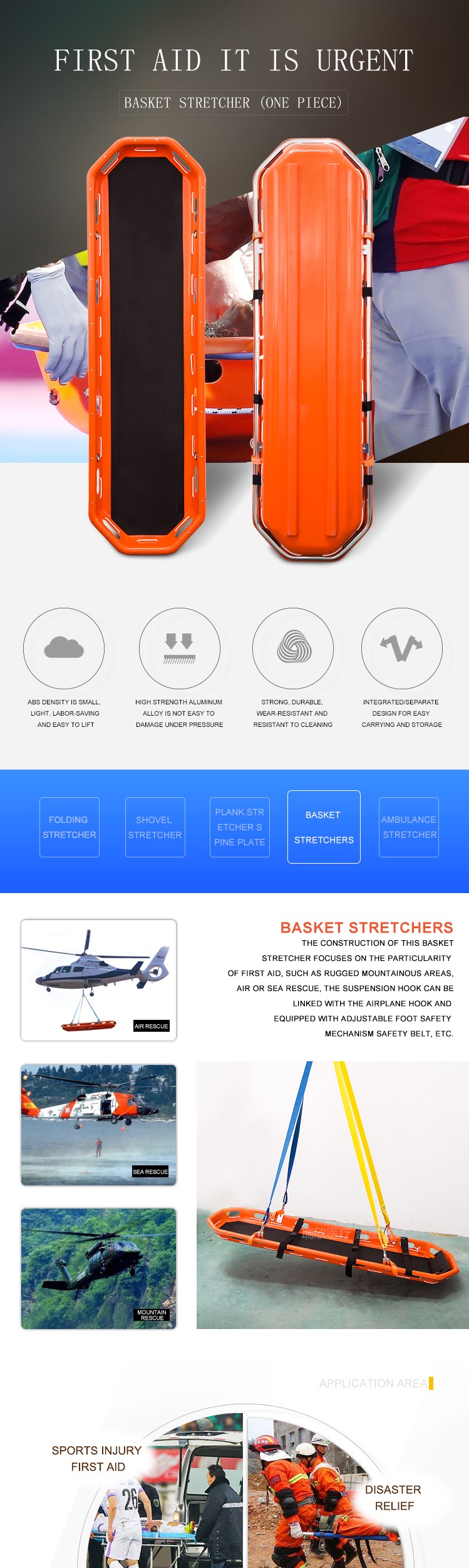 Customized Logo Emergency Rescue Basket Stretcher 1 Year Shelf Life