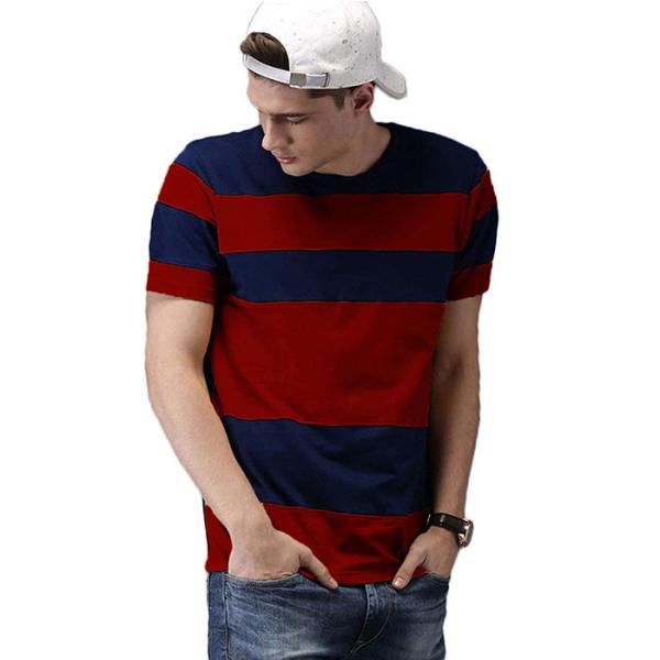 Buy cheap Street Style Striped T Shirt Mens , Red / Blue Color Block Tee Shirts Private Labeling from wholesalers