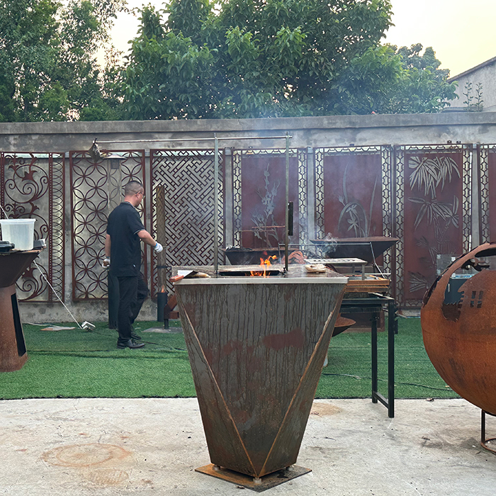 corten steel fire pit rotating bbq grill