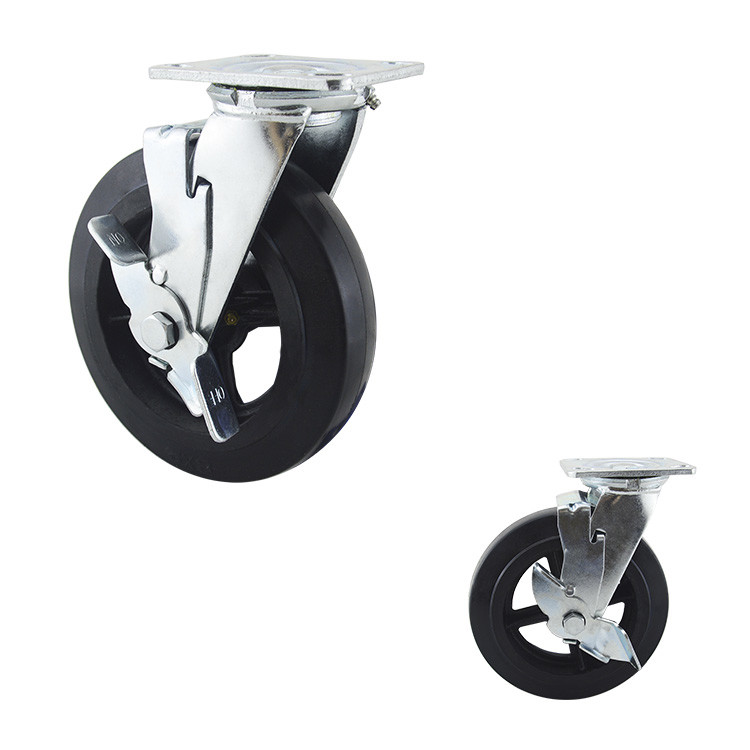 8 Inch Big Black Rubber Wheel Swivel Plate Side Lock Hollow Core Heavy Duty Castors For Industrial Trolleys