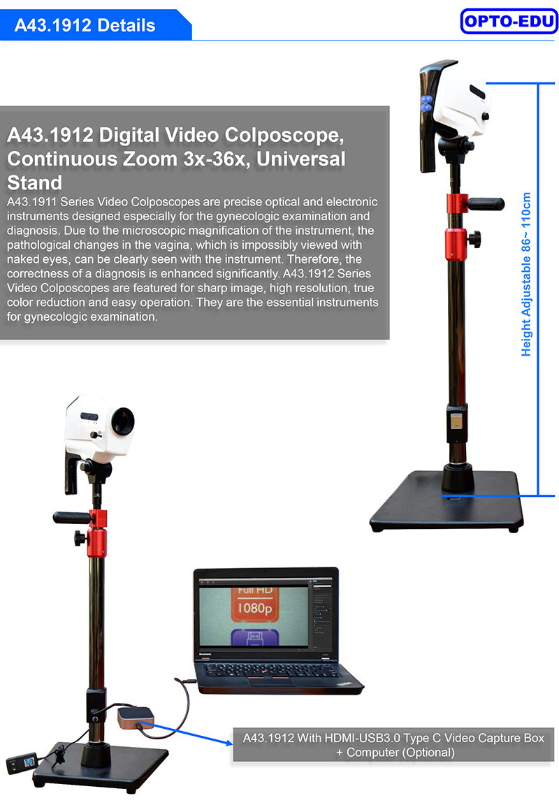 OPTO EDU A43.1912 Digital Video Colposcope HDMI LED Continuous Zoom 3x-36x Straight Stand