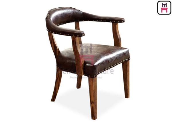 Buy cheap Brown Indoor Rustic Leather Chair / Sturdy Oak Wood Dining Chair With Armrest from wholesalers