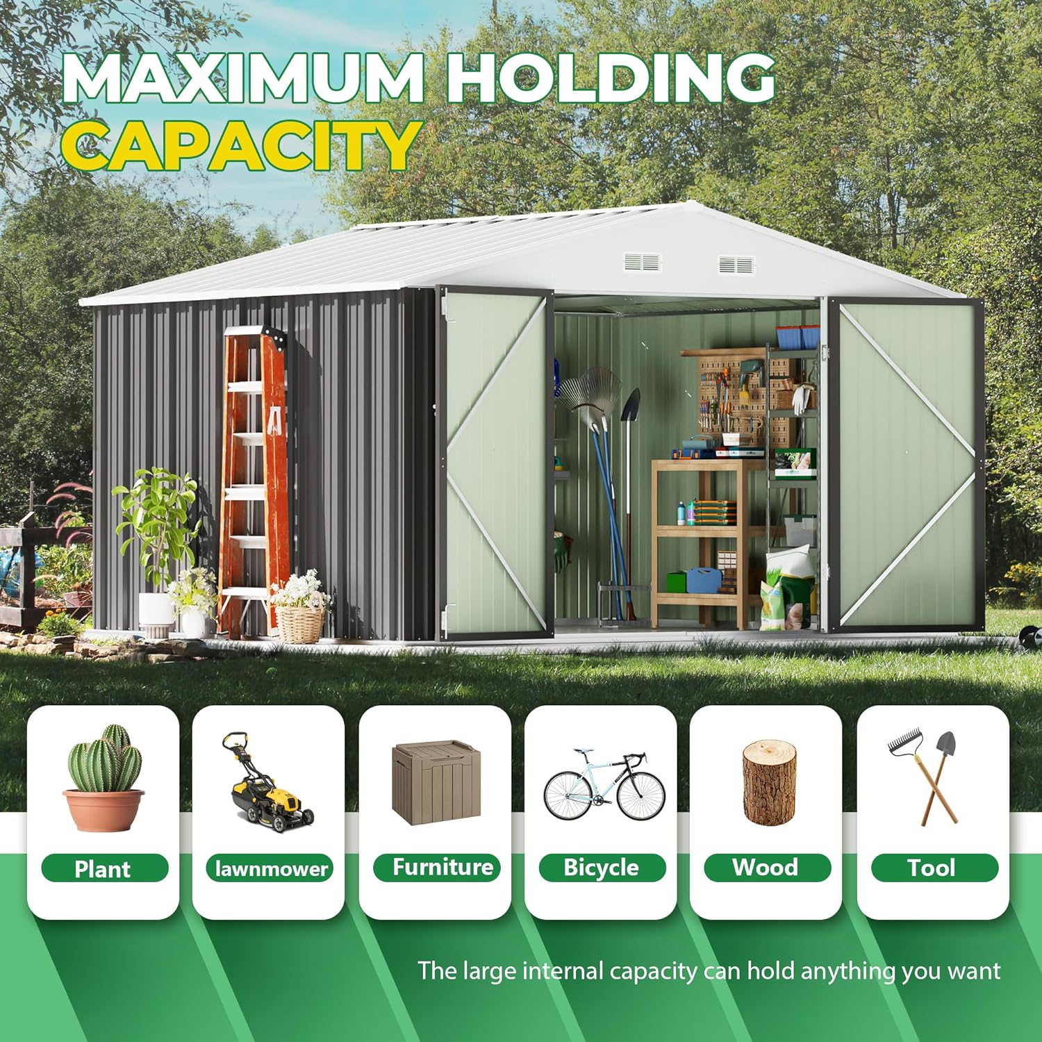 Outdoor Storage Tools Shed Large Size 8x10FT Metal House with 66.5" Height Steel Doors