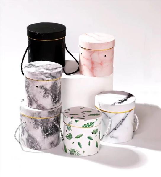 Buy cheap Green Leaf Veins Marbling Round Flower Gift Box Cylinder Rose Box With Handle from wholesalers
