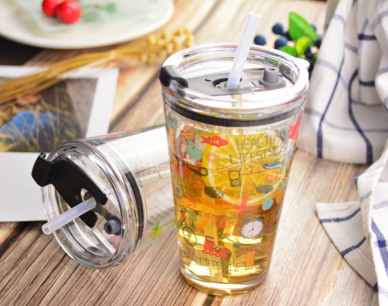 Decorated Pint Ice Tea Glass Cup With Lid And Silicate Straw Cocktail Tumbler Drinking Glasses