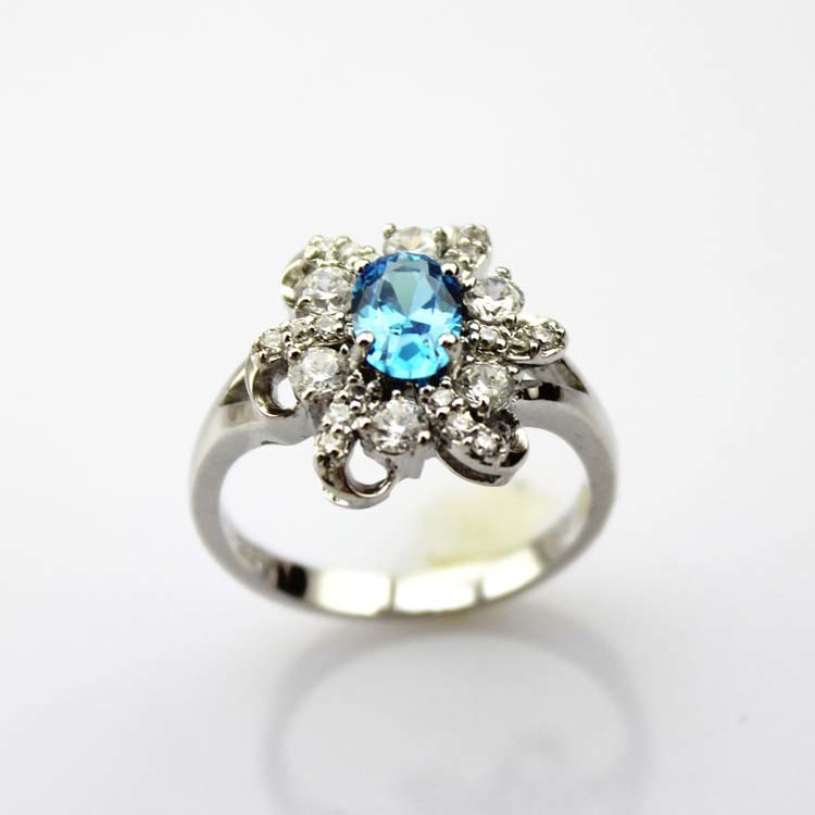 Women Jewelry 5mmx7mm Oval Blue Topaz Clear Cubic Zirconia Silver Ring(F22)