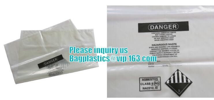 Asbestos Removal, disposable plastic yellow poly asbestos warning printed burial bags, Asbestos clear plastic packing ju