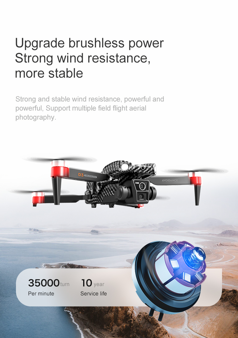 Beginner Operator Skill Level Portable RC Drone with Obstacle Avoidance and Triple Camera D3 Pro 4k Brushless Motor
