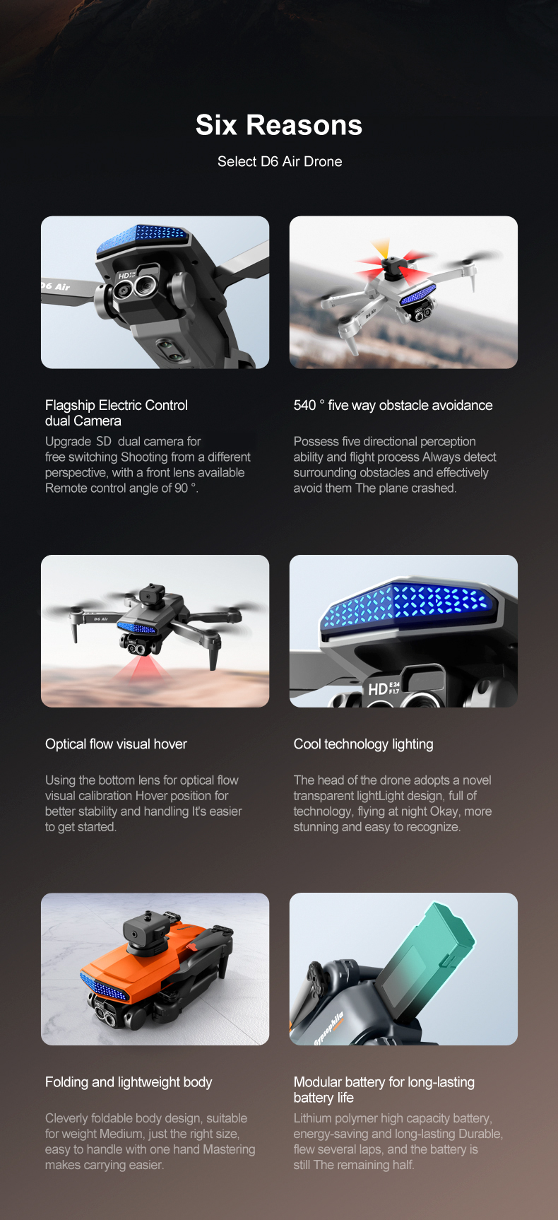 D6 Air Mini Drone Professional 4k HD Camera Quadcopter with Foldable Design Obstacle Avoidance and Remote Control