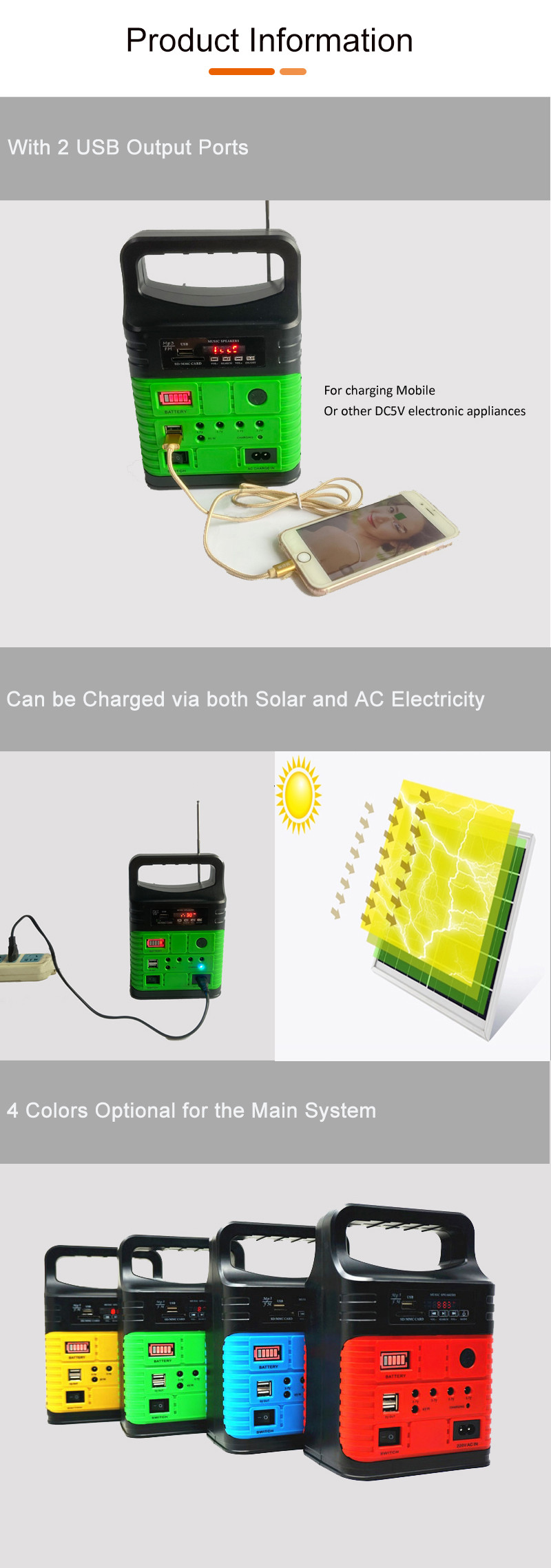 5meter Cable Solar Energy Systems Home Mini 7500mah With Radio LED Light