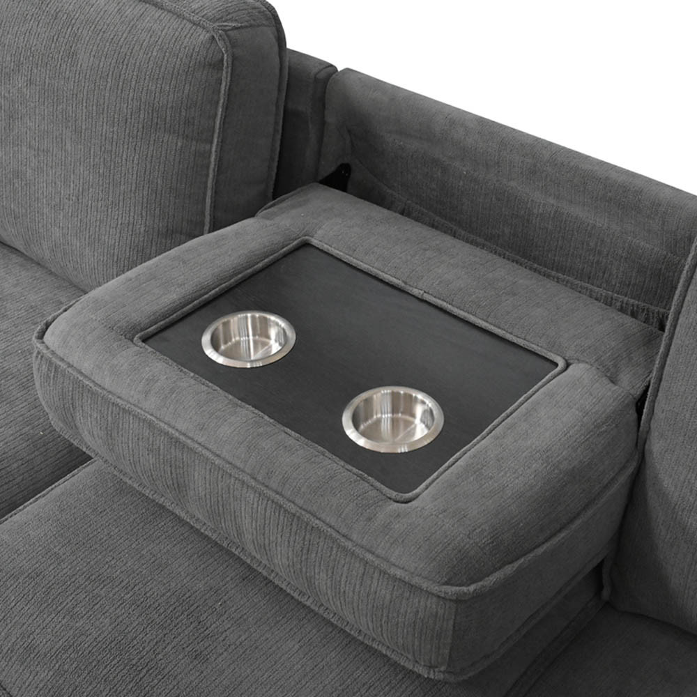 U-Shaped Sectional Sleeper Sofa with Pull Out Bed and Storage Chaise and USB Charging Port and 1 Reversible Drop Down Table, Gray Chenille