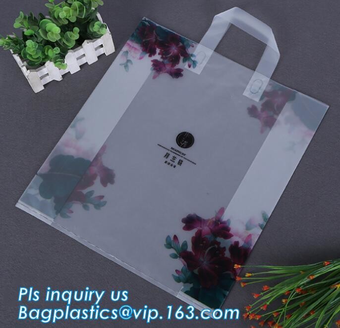Custom Printed Stand Up Block BottomSoft Loop Handle Plastic Carrier Shopping Bag，Plastic Soft Loop Handle Bag for Shopp
