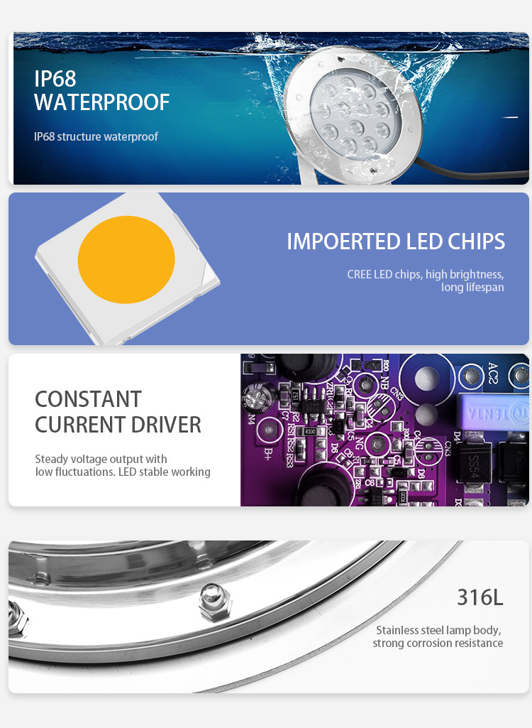 DMX512 Control Underwater LED Spotlights 24W Color Changing SS316L IP68 DC 12V