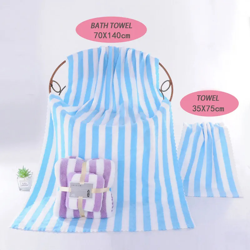 Polyester Towel Bath Towel Sets Wide Striped Colorful Thick Absorbent Coral Fleece Towel
