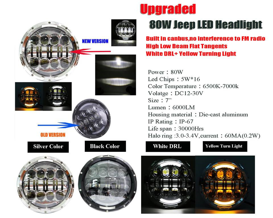 7 Inch 80w Jeep Wrangler Headlights 1600LM * 2 Low Beam 3150 LM * 2 High Beam