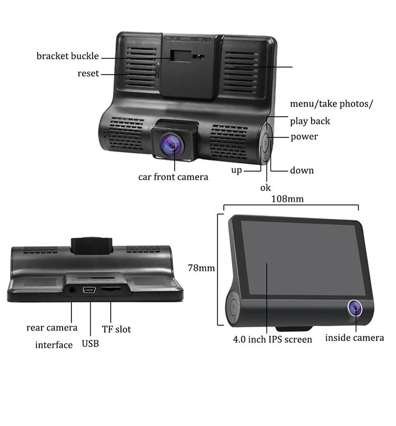 Wide Angle 4inch Digital Car DVR Three Lens Dash Cam Black Box Video Recorder G Sensor
