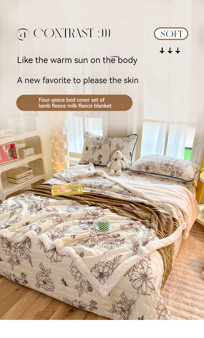 Thickened Warm Winter Quilt 4-piece Set Lamb Fleece and Milk Fleece Plush Bed Covers