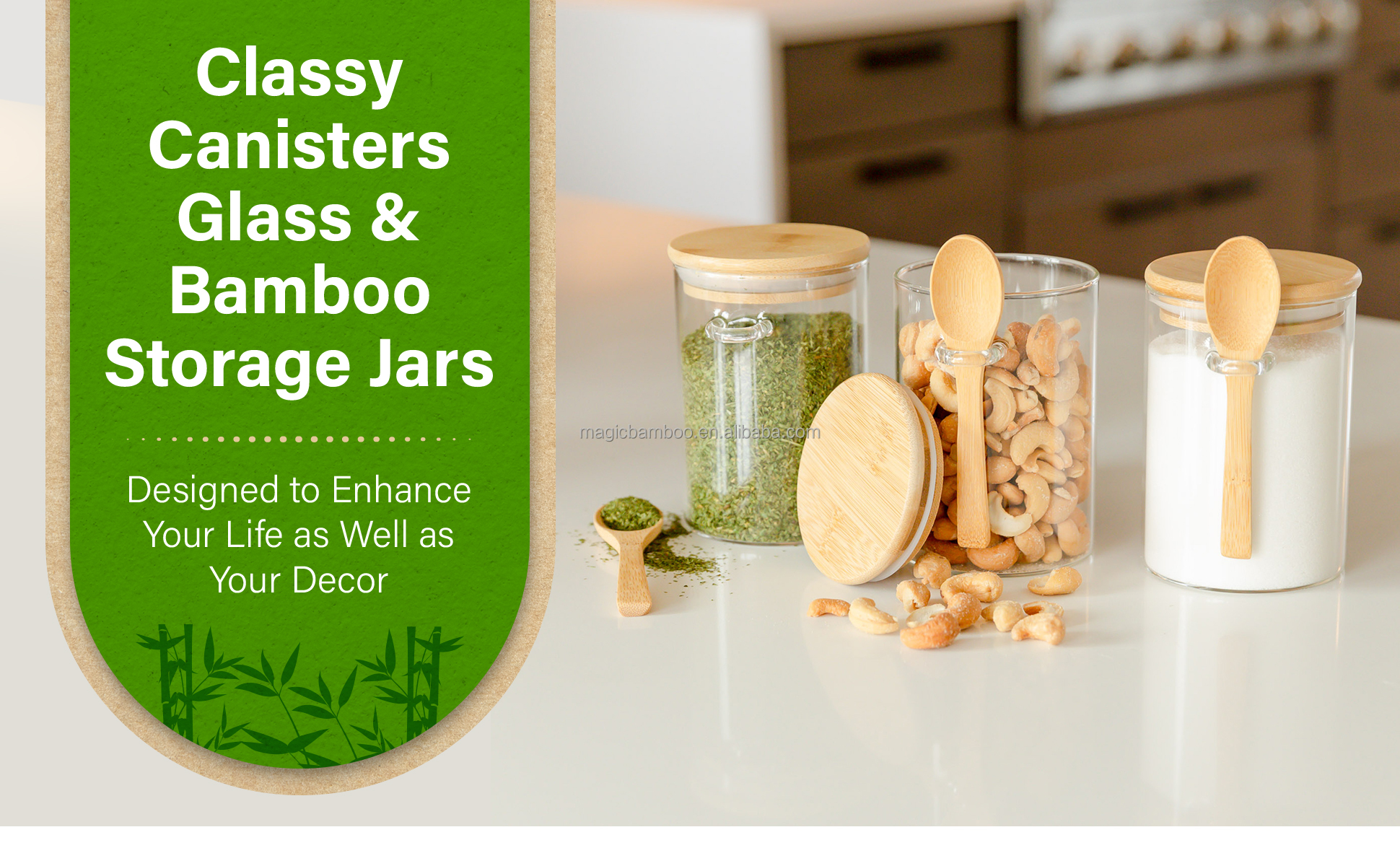 Convenient Storage Set of 3 Airtight Glass Jars with Bamboo Lids and Spoons