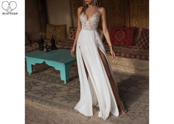 Buy cheap Embroidery Beading Sexy Halter Bridal Gowns Deep V Neck Chiffon High Slit from wholesalers