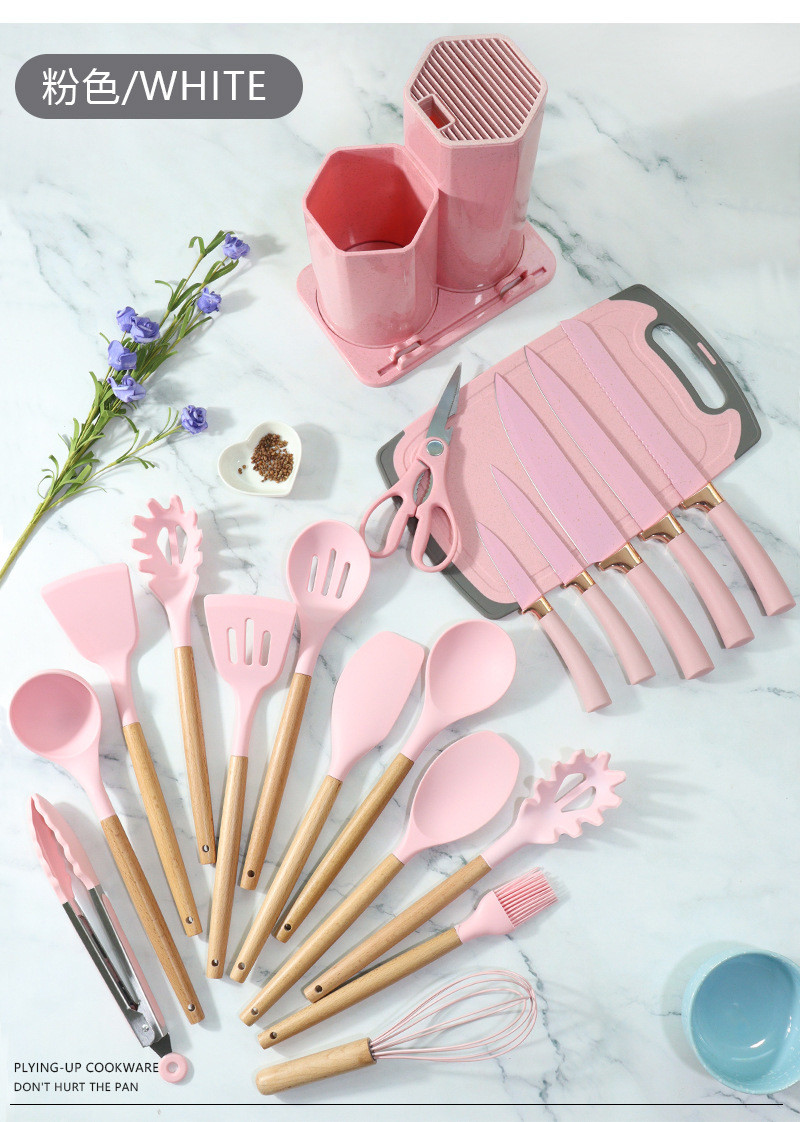 19pcs Non-Stick Silicone Cooking Kitchen Utensils Spatula Set With Holder, Wooden Handle Silicone Kitchen Gadgets