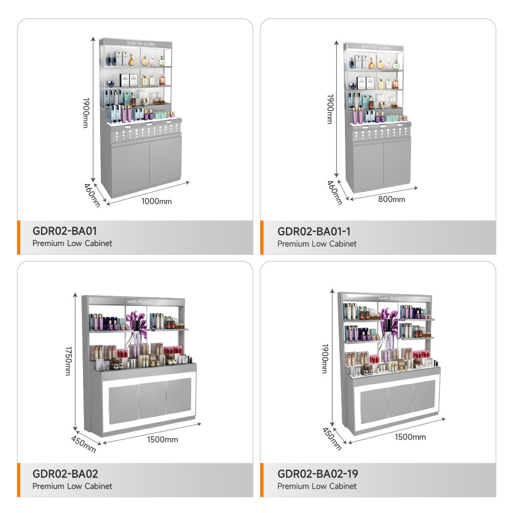 Beauty Display Showcase Grey Oil Board Pendant With Light Box On The Back Cabinet For Compact Shop Cabinet And Branded Display Stand