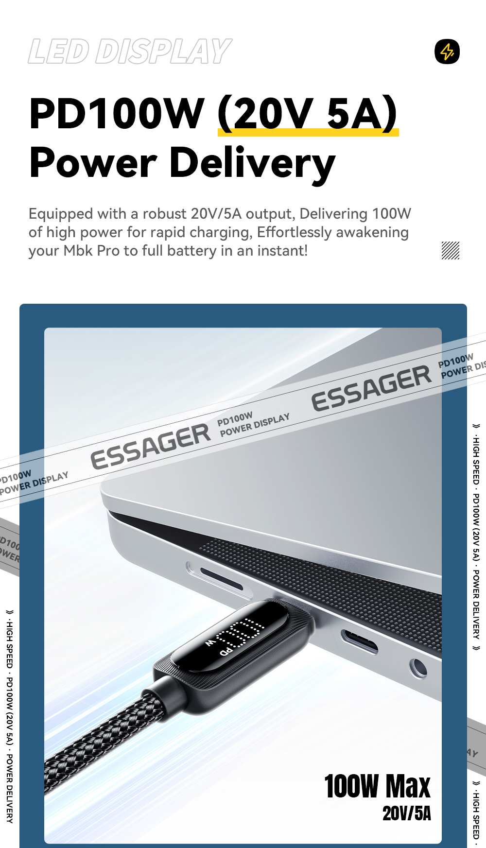 ESSAGER ES-X57 Series 60W 100W USB C Fast Charging Cable Type C