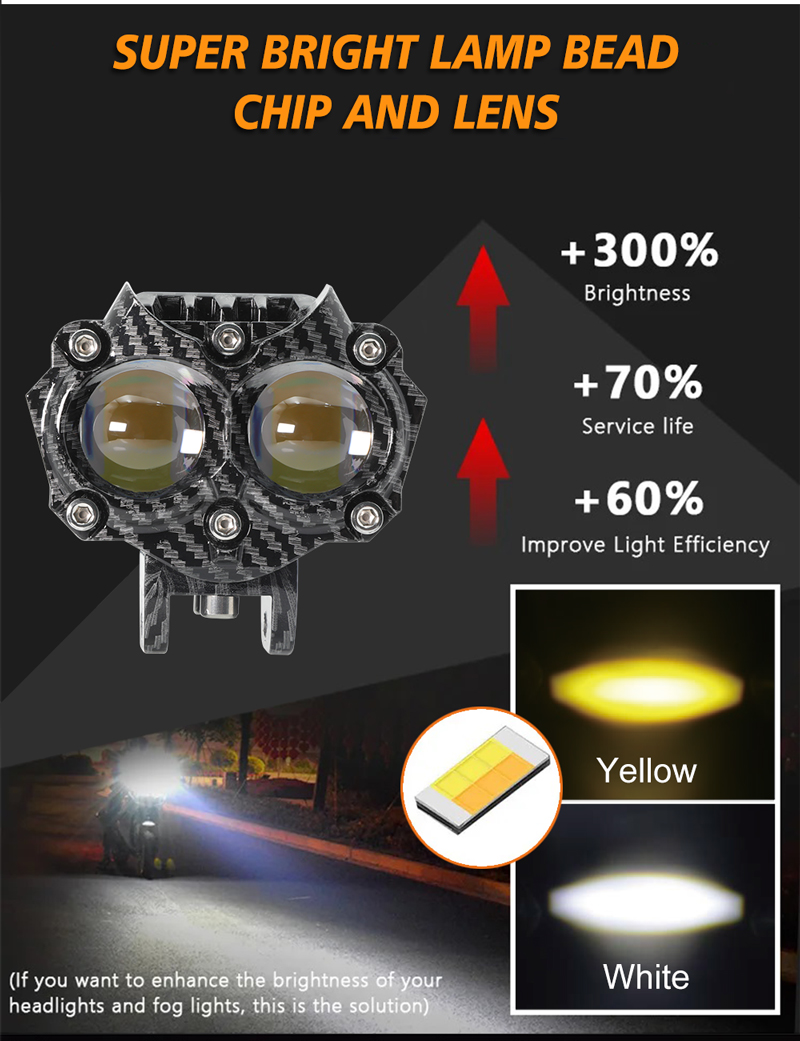 Carbon Fiber Casing White Yellow Flash Aluminum LED Motorcycle Spot Lights