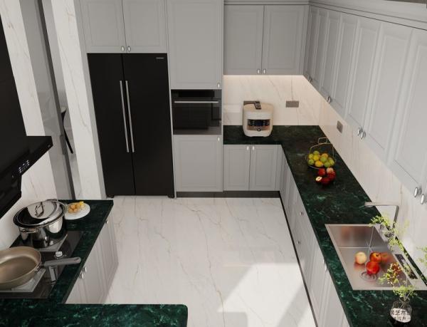 Buy cheap Timeless Stainless Steel Kitchen Cabinet With Dark Green Quartz Countertop And Raised Panel Doors from wholesalers