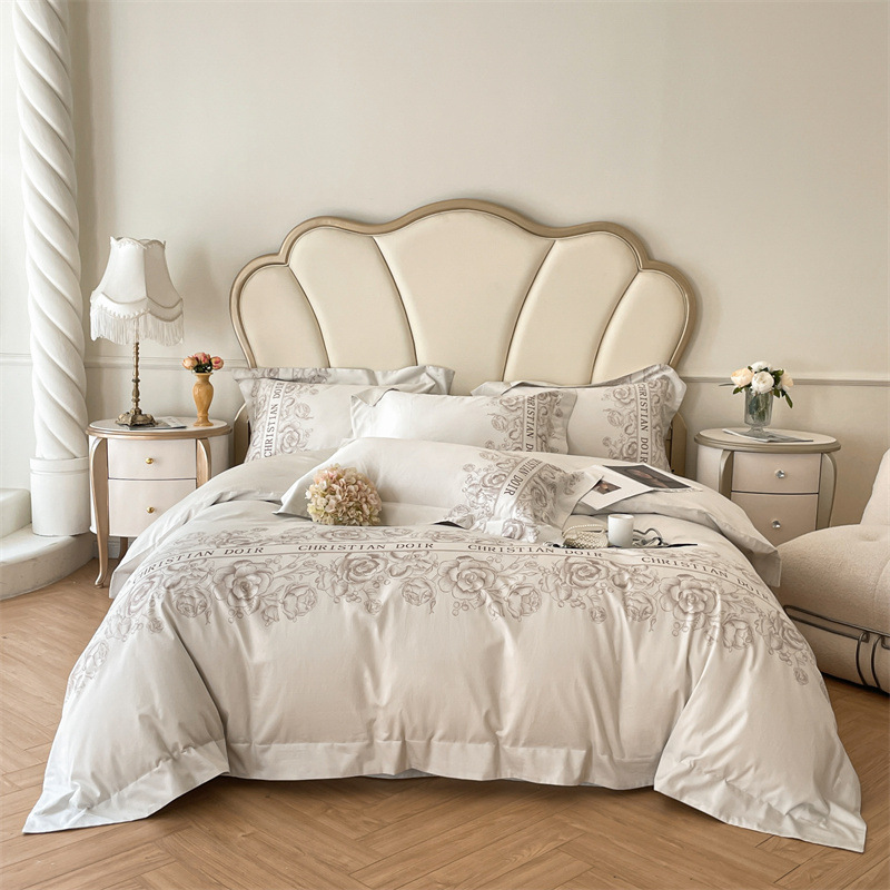 200TC Washed Cotton Silk Embroidery 4 Pcs Bedding Set King Size with Thread Count 200TC