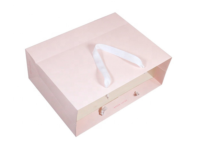 Eco - Friendly Paper Shopping Bags Pink Color With Twill Cotton Rope Handle