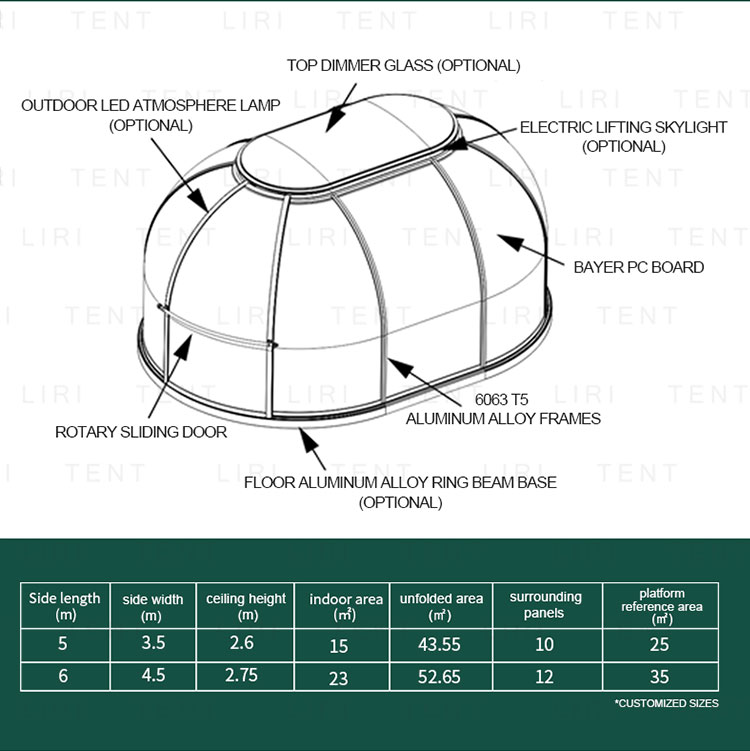 Aluminium Prefab Hotel Polycarbonate Star Glass Dome House Event Party Tents