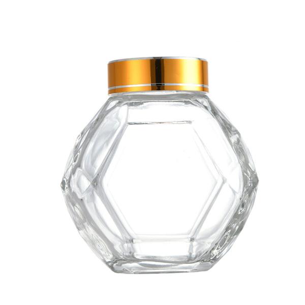 Buy cheap 200ML 380ML Glass Hexagon Honey Bottle With Golden Silver Red Black Metal Lid from wholesalers