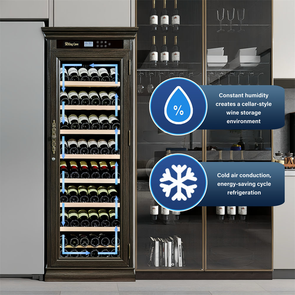 Freestanding Dark Brown Wooden Frame Wine Cooler Cabinet With Locker