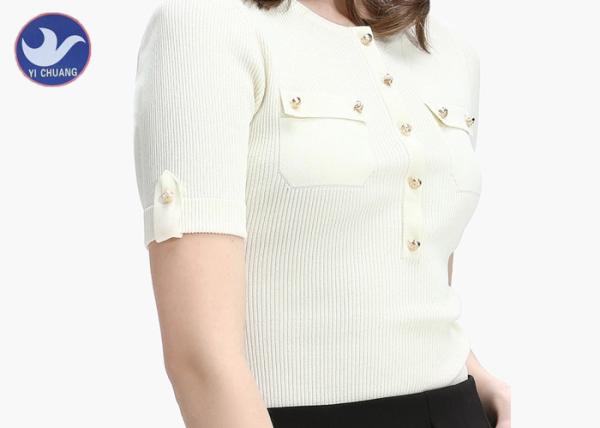Buy cheap Rib Rolled Cuff Womens Knit Pullover Sweater One Quarter Cardigan Chest Pockets from wholesalers