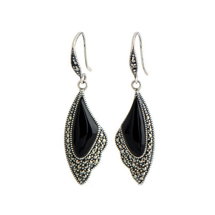 Sterling Silver Black Onyx Drop Earrings Wing Style Women Jewelry ( E019362BLACK)